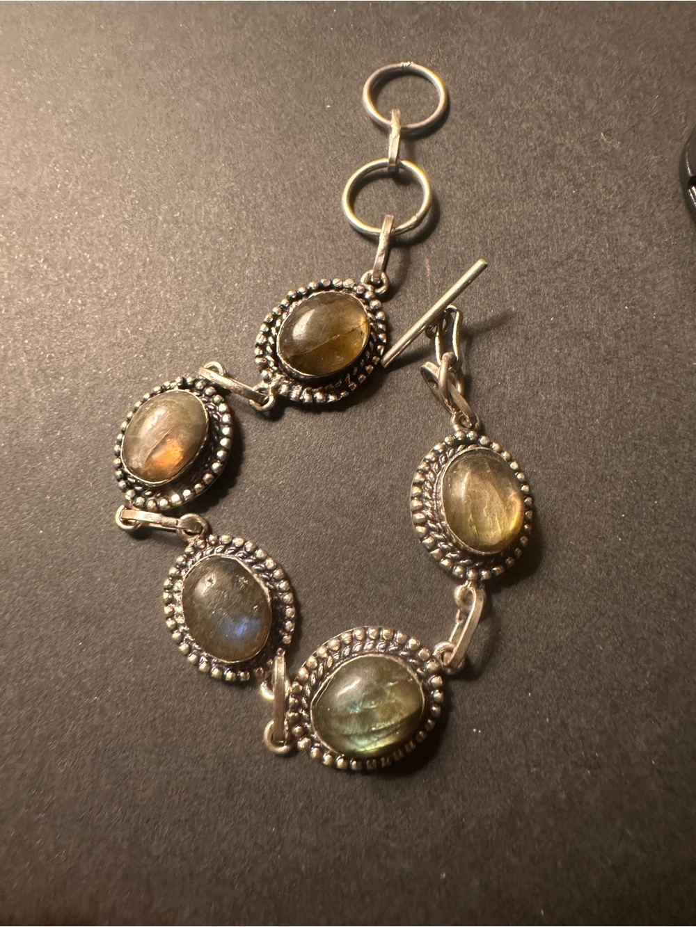 925 Sterling Silver Labradorite Cabochon Link Bracelet Green Flash